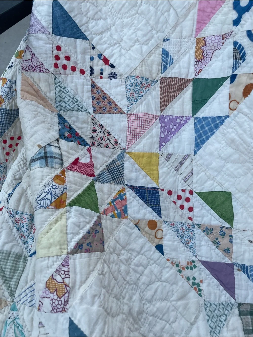 Vintage Feedsack Ocean Wave Quilt Hand Quilted 82x70 Cottage Farmhouse